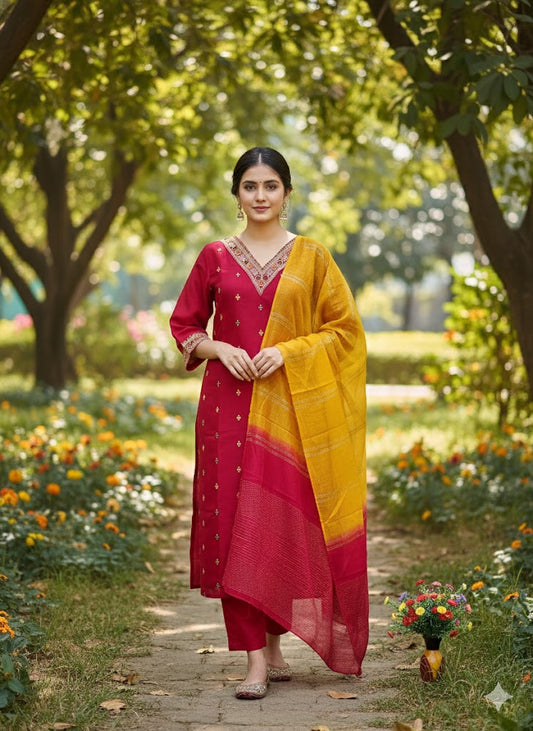 Rani Pink Silk Kurta Set with Zari Embroidery & Contrast Mustard Dupatta for Festive & Party Wear