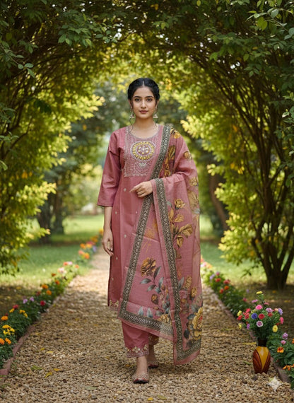 Dusty Rose Embroidered Suit Set with Floral Organza Dupatta for Women
