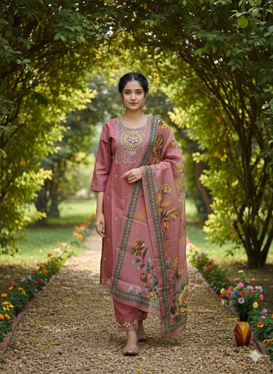 Dusty Rose Embroidered Suit Set with Floral Organza Dupatta for Women