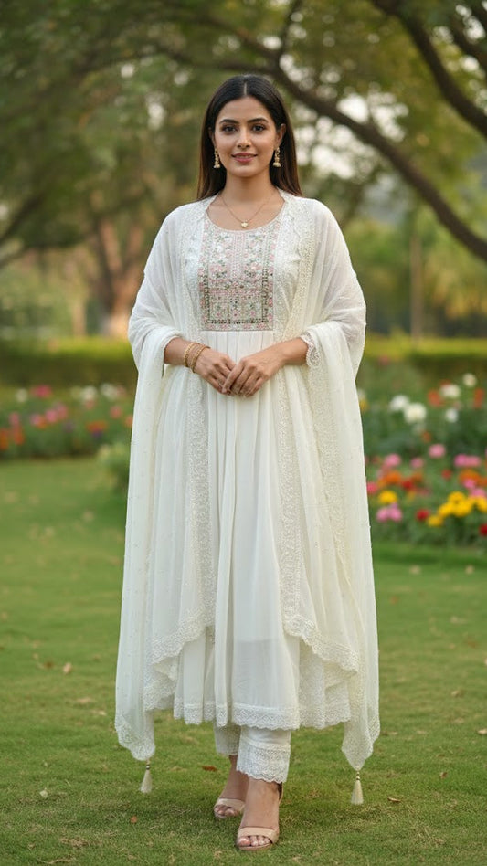 Ivory Georgette Embroidered Kurta Set with Thread Work Neck Design & Dupatta for Women