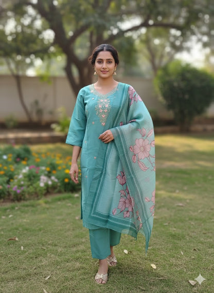 Sea Green Embroidered Suit Set with Floral Organza Dupatta for Women