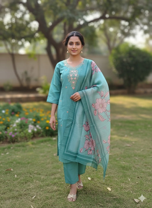 Sea Green Embroidered Suit Set with Floral Organza Dupatta for Women