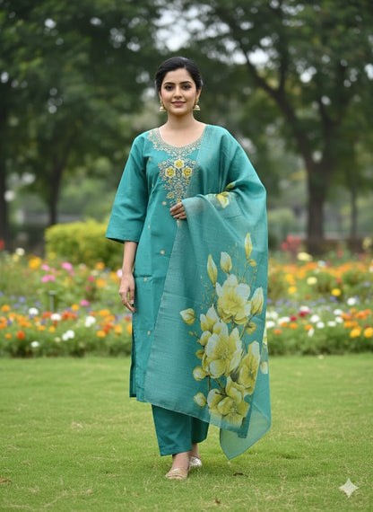 Teal Green Embroidered Suit Set with Floral Organza Dupatta for Women