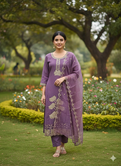Lavender Roman Silk Suit Set with Sequins & Thread Embroidery Festive & Wedding Wear for Women DESI RAUNAK